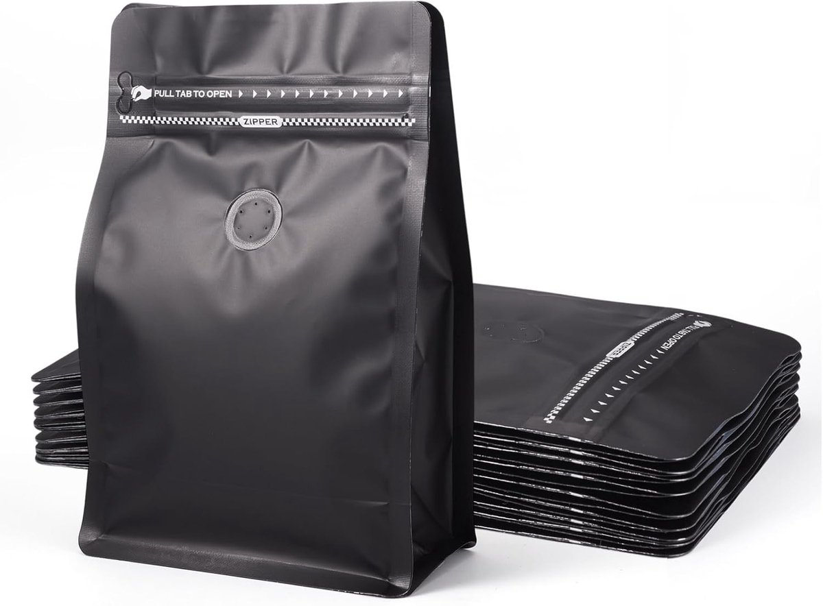 10 stks Koffiebonen Zakken met Klep Zwart Hersluitbare Koffie Rits Zakken 20x13x0.2cm Platte Bodem Staande Opbergzakken voor Snoep Koekjes Snacks Verpakking