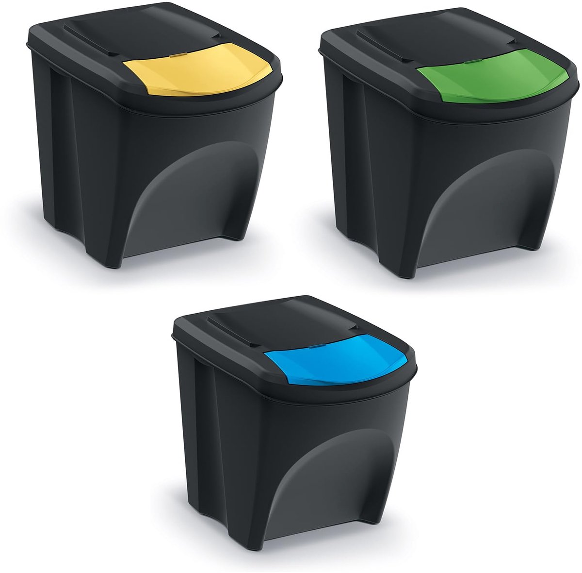Sortibox Afvalscheidingssysteem, 3 x 25 l, set afvalscheidingscontainer, recyclingcontainer, afvalsorteermand, container, afvalemmer van kunststof (zwart)