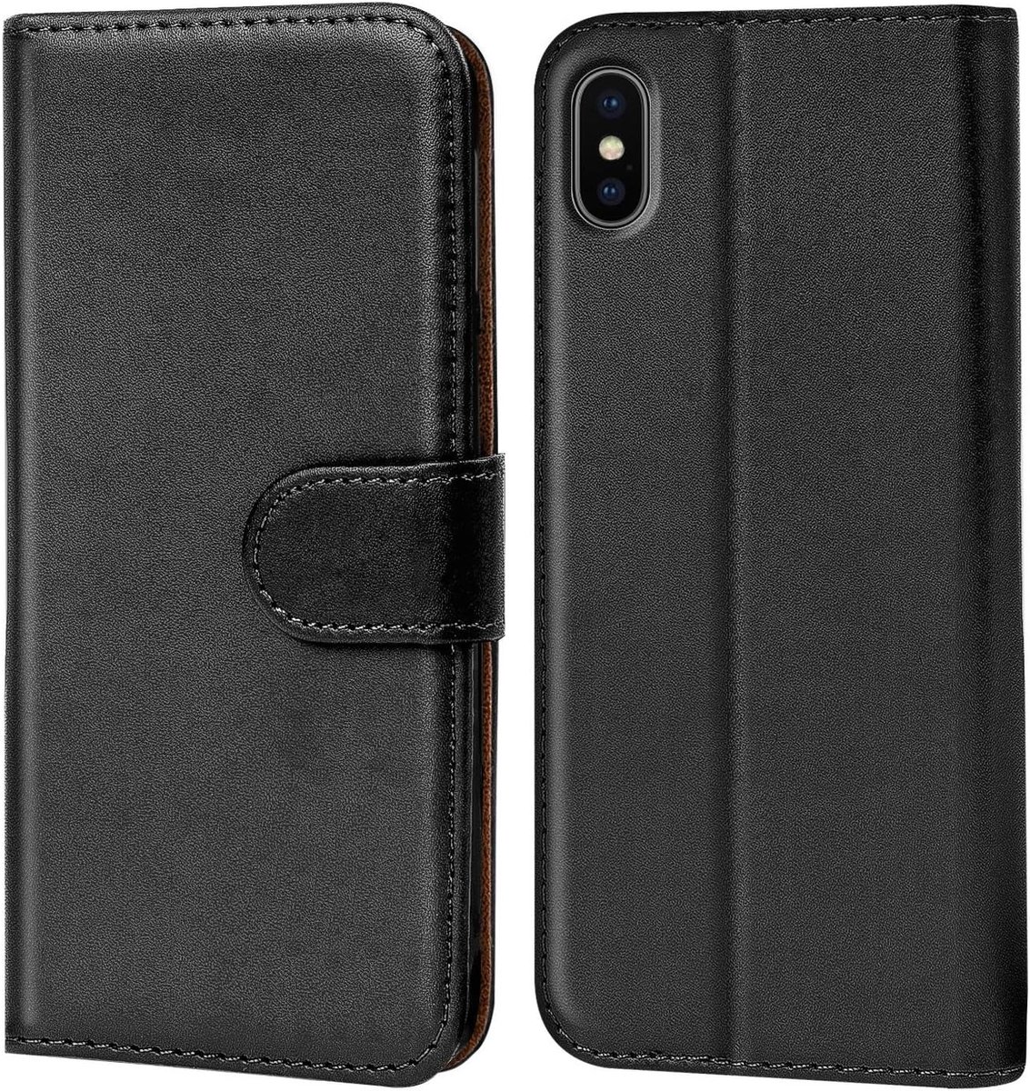 Flip Cover voor Apple iPhone XS, Stand en magneetfunctie als portefeuille compatibel met iPhone X Case met kaartenvak PU Leer, Zwart