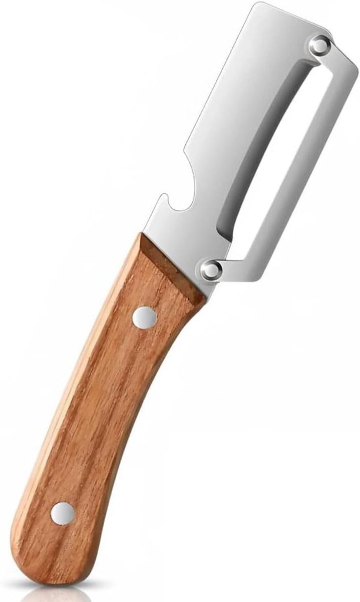 Groenteschiller met flesopener, groenteschiller van roestvrij staal met houten handvat, antislip, aardappelschiller en fruitschiller voor keuken en picknick (1 stuk)