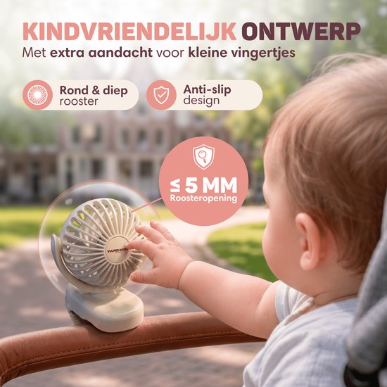 Vulpes Goods® BabyCare – Kinderwagen Ventilator met Klem – Mini Ventilator – Oplaadbaar – Slechts 138 gram – USB-C – 3 Standen – 2000 mAh – Beige — afbeelding 3