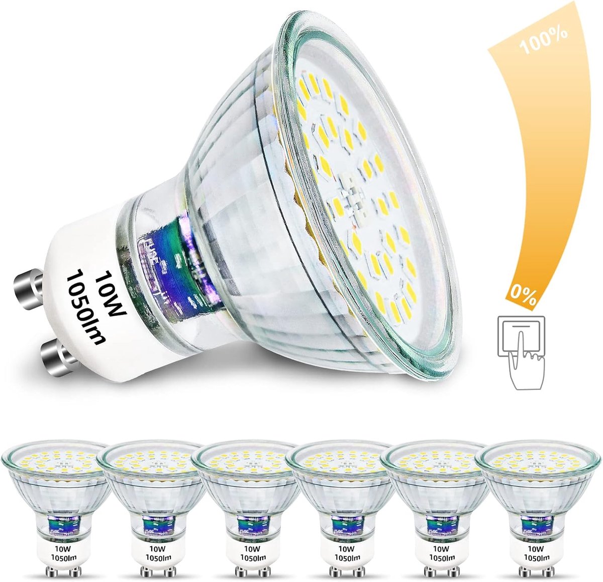 LED 10W dimbare gloeilampen, 100W halogeen equivalent 1050 lumen 6000 K koud wit 230 V geen flikkering, 6 stuks