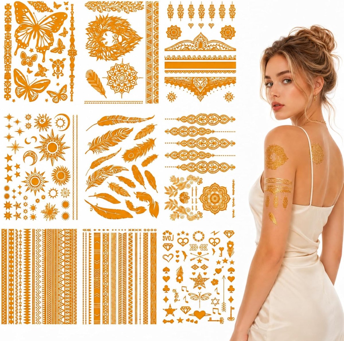 Tijdelijke tattoos, luxe metallic henna waterbestendig langdurig, elegante Gouden tattoos voor feesten, zomervakanties en carnaval trendy Tattoostickers voor vrouwen