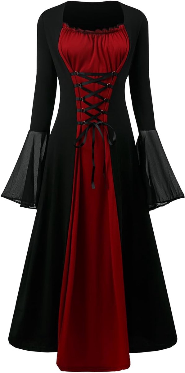 Jurk dames vintage zwarte middeleeuwse jurk met trompetmouwen gebonden taille jurk Halloween carnaval kostuum voor vrouwen
