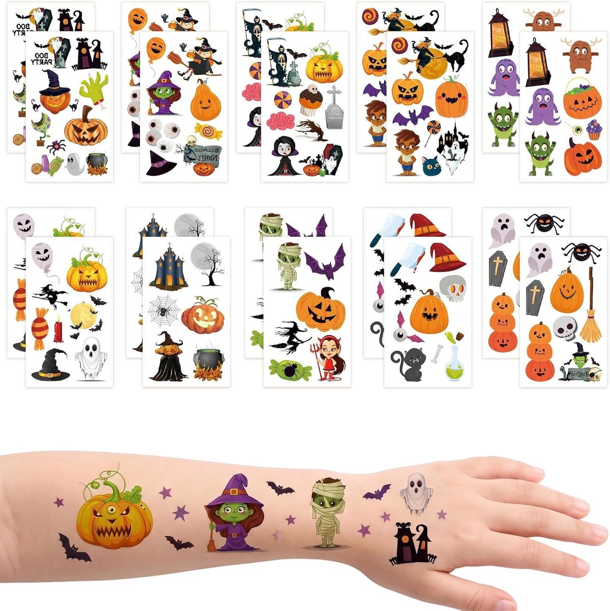 Tijdelijke Halloween-tatoeages voor kinderen, 200 stickers voor kinderen, waterdicht, gezichtsstickers voor kostuumfeestjes en pinata-cadeaus voor jongens en meisjes