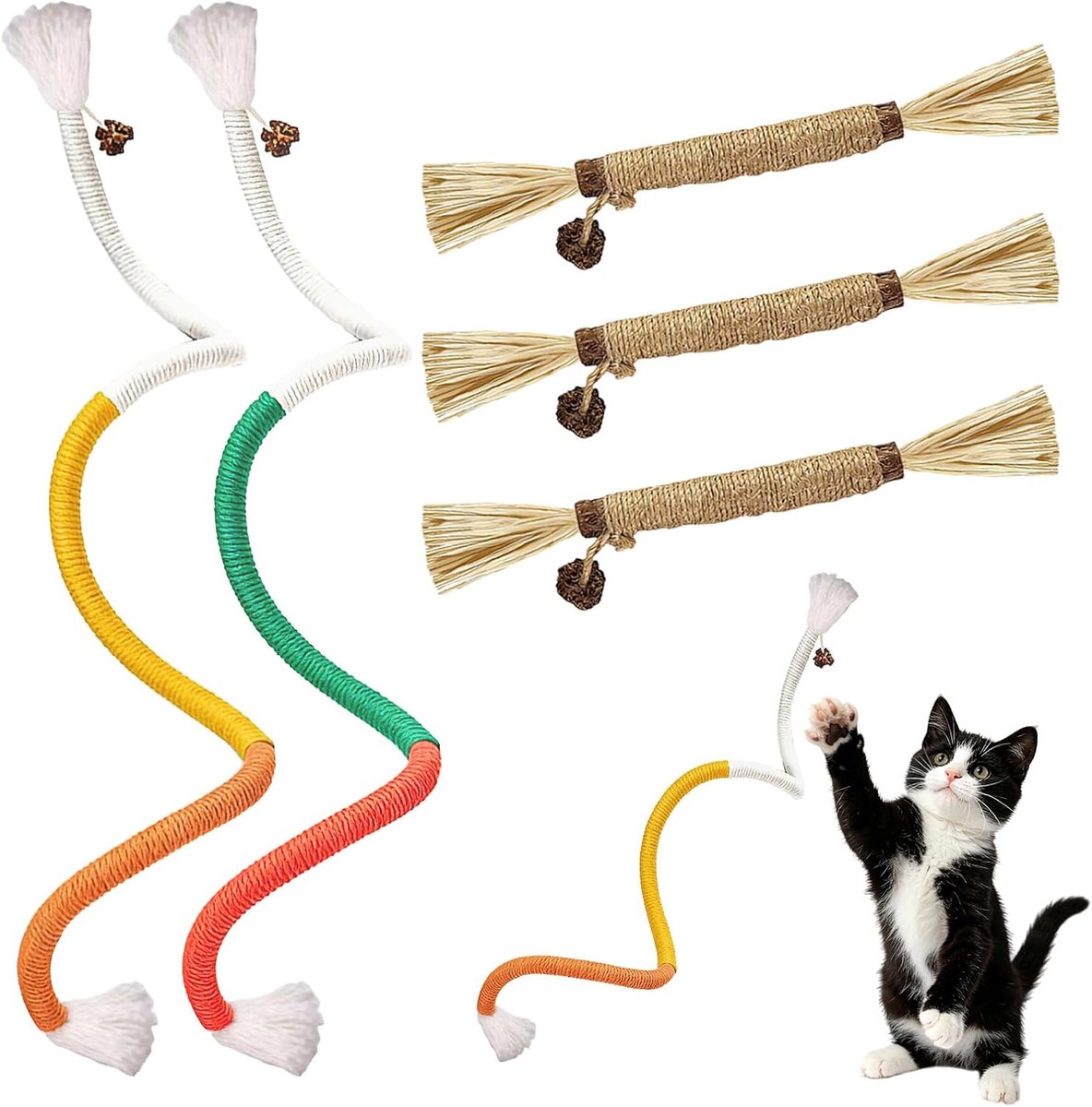 2 stuks natuurlijke kauwtouwen voor katten en 3 stuks Matatabi Silvervine kauwsticks, kattenkruid speelgoed voor katten, interactief kattenkauwspeelgoed voor tandreiniging, verfrissende adem