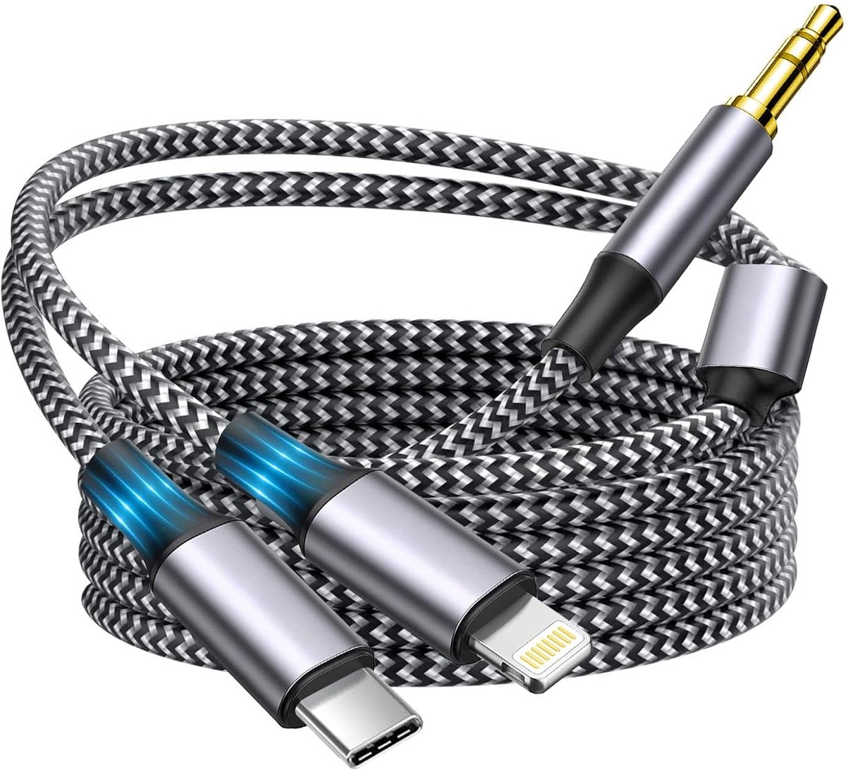 MFi-gecertificeerde aux-kabel voor iPhone, 2-in-1 USB-C & Lightning naar 3,5 mm jack audiokabel voor iPhone 16 15 14 13 12 11 XS XR X 8 7 6 iPad naar auto-/thuisstereo/hoofdtelefoon/luidspreker