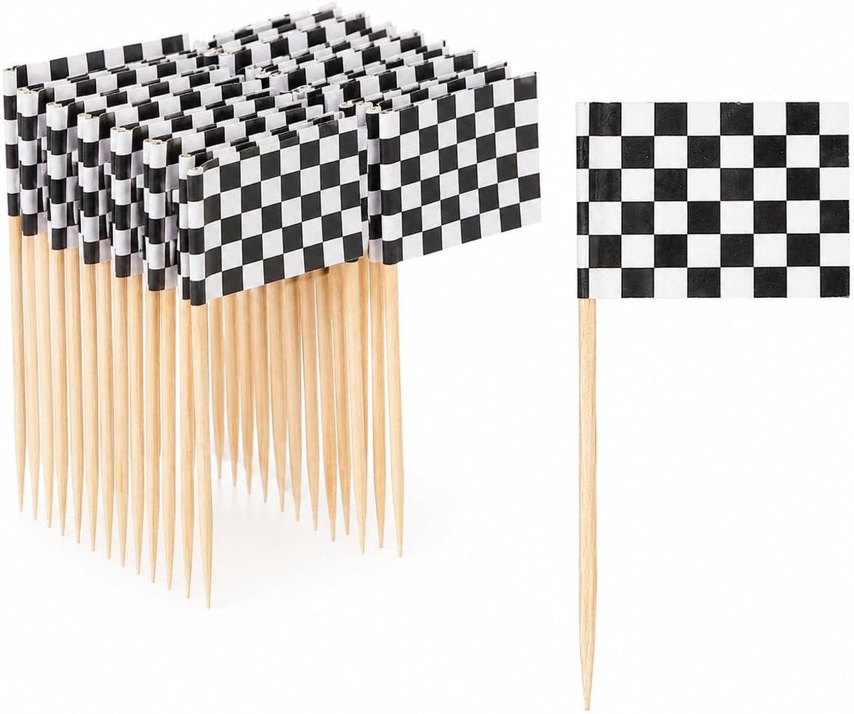 100P Tandenstokervlaggen Diverse Cocktailstickvlaggen voor Feestdecoraties Houten Voedselmarkers Cupcake Toppers voor Sportevenementen Buffetten, Pubs en Festivals (Zwartwit)