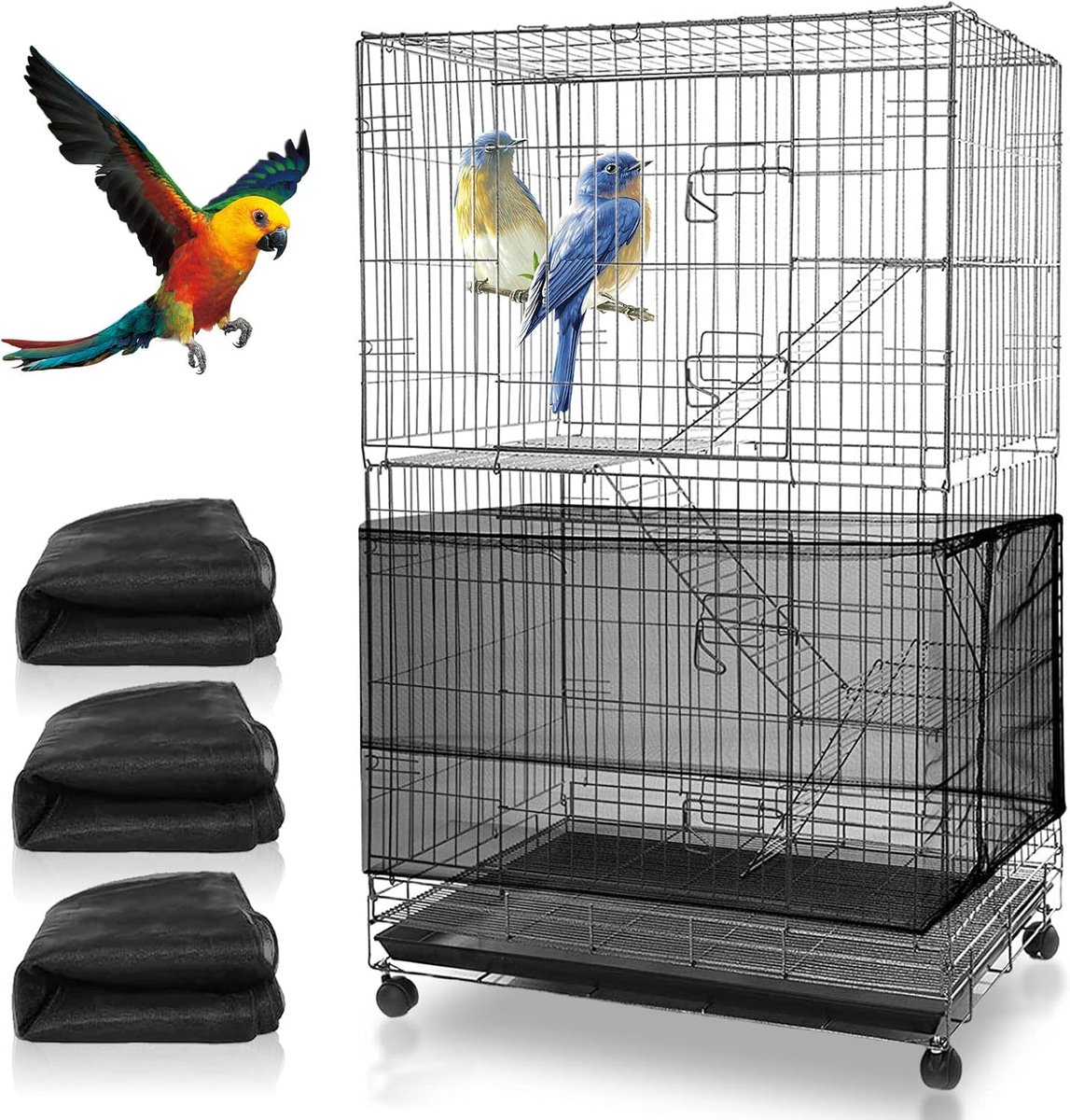 3 stuks extra groot verstelbare vogelkooi afdekking, 300 cm vogelkooi zaadvangnet, zaad- en verenvangnet vogelkooi voedernet voor kleine dieren, luchtige afdekrok bewaking vogelkooi beschermnet