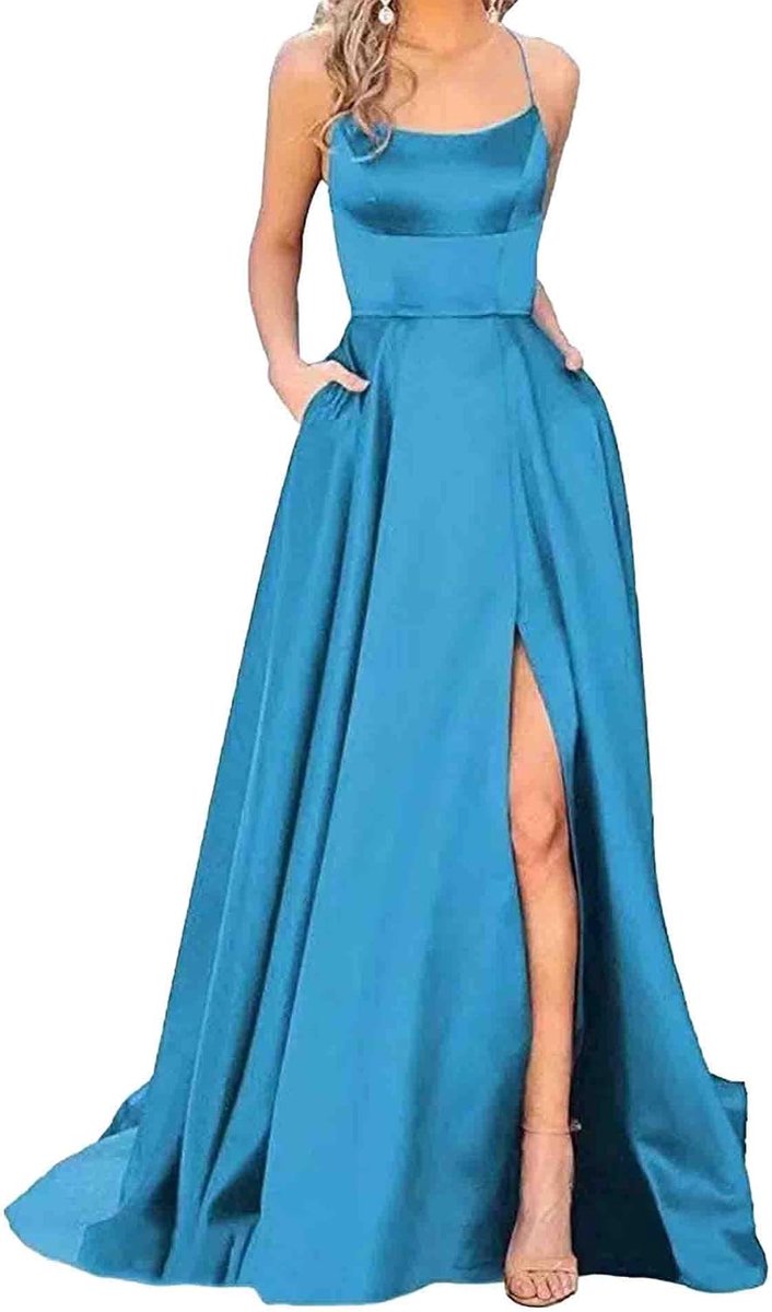 Xxxiticat Elegante lange baljurk voor dames, met zakken, satijn, A-lijn, backless bruiloftsjurk, avondjurk, sexy halterjurk, spaghetti, bruidsjurk, lange prinsessenjurk, bruidsmeisjesjurk
