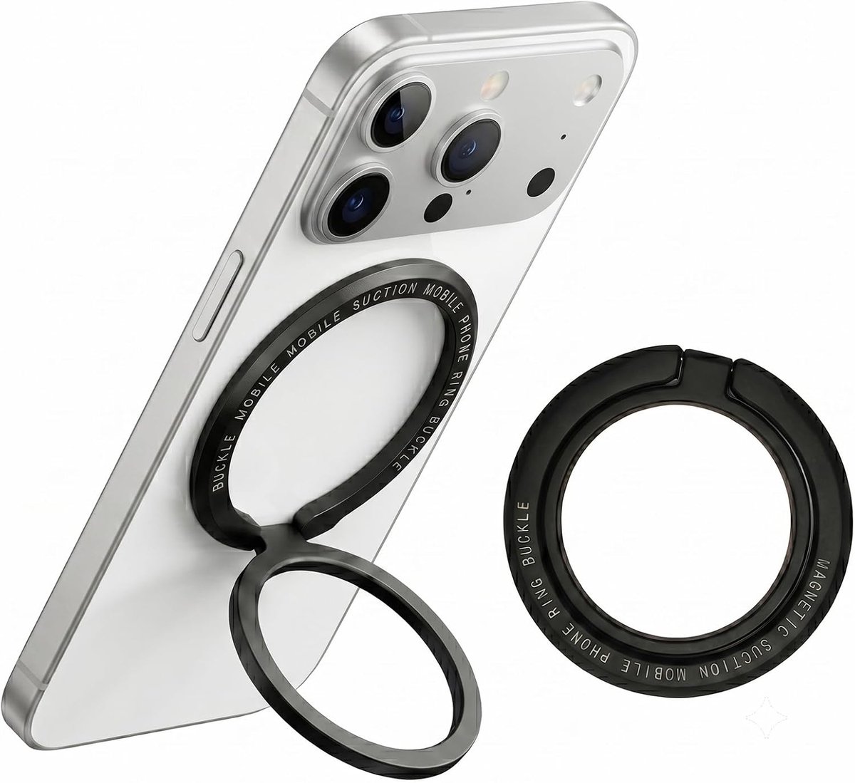 Telefoonhouder, compatibel met 17, 16, 15, 14 Pro Max Plus, verstelbare magneetring met sterke grip, 3 kg, multifunctionele en draagbare tafelhouder, zwart