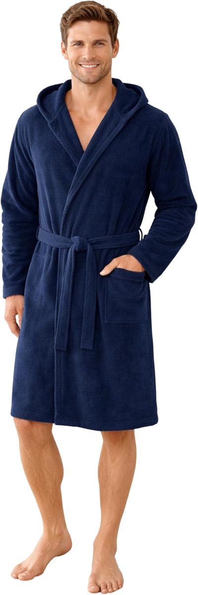 Badjas heren lichte badstof dun 100% katoen kort met capuchon Oeko-Tex Standard XL blauw