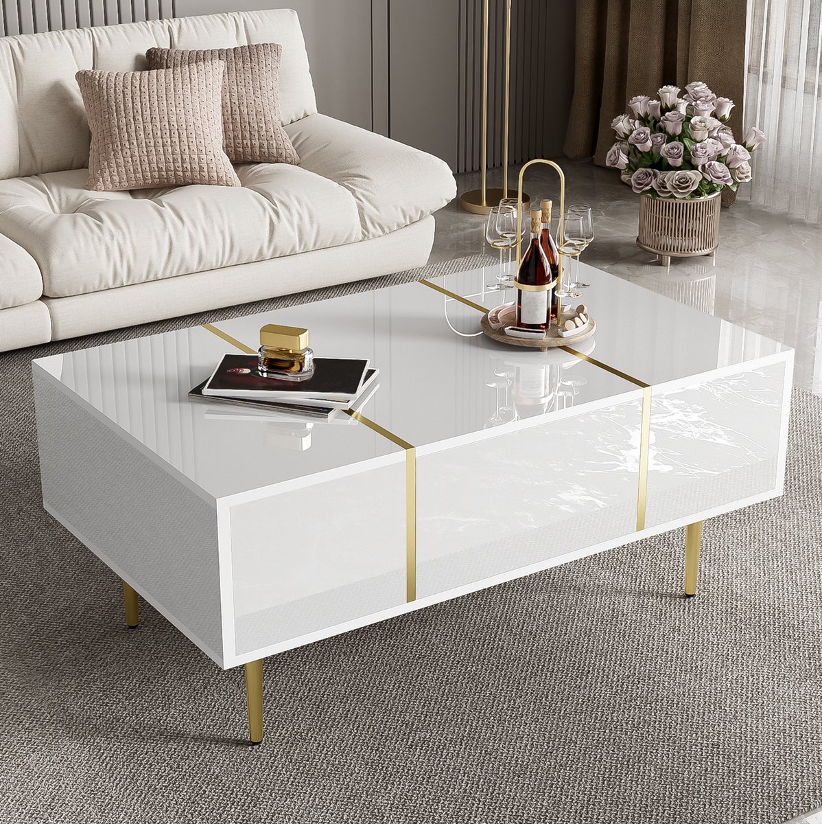 MEUNIQ Salontafel 100 x 60 x 41,5 cm met 2 lades, wit hoogglans MDF en gouden metalen accenten, rechthoekige woonkamertafel