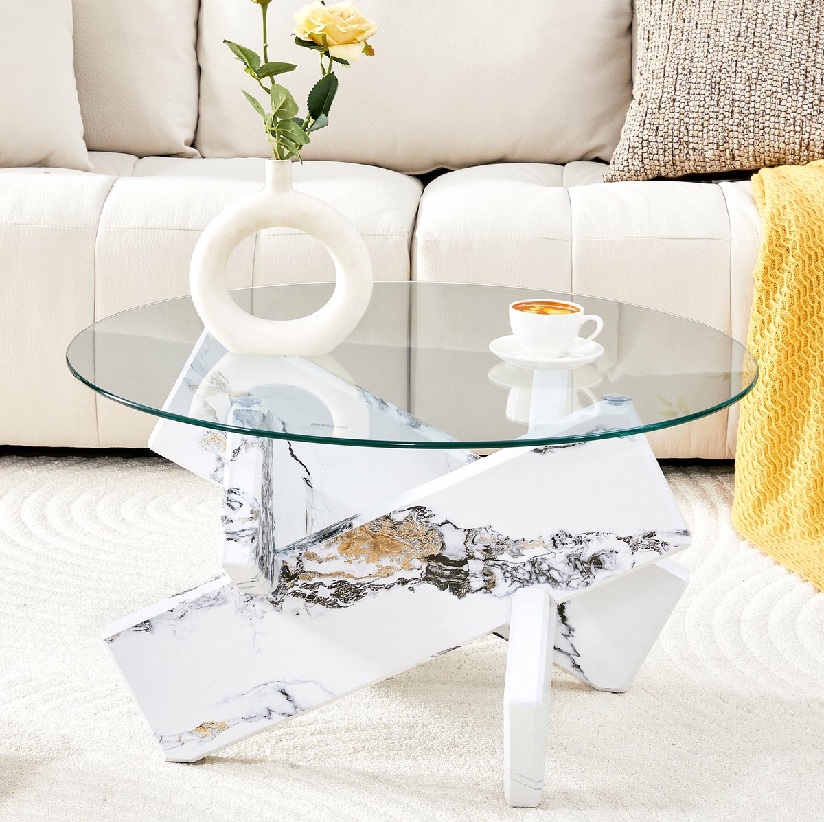 MEUNIQ Ronde salontafel Ø 79 cm met 0,8 cm gehard glazen blad, MDF onderstel met wit marmereffect en kruisvormige steun voor woonkamer Transparant