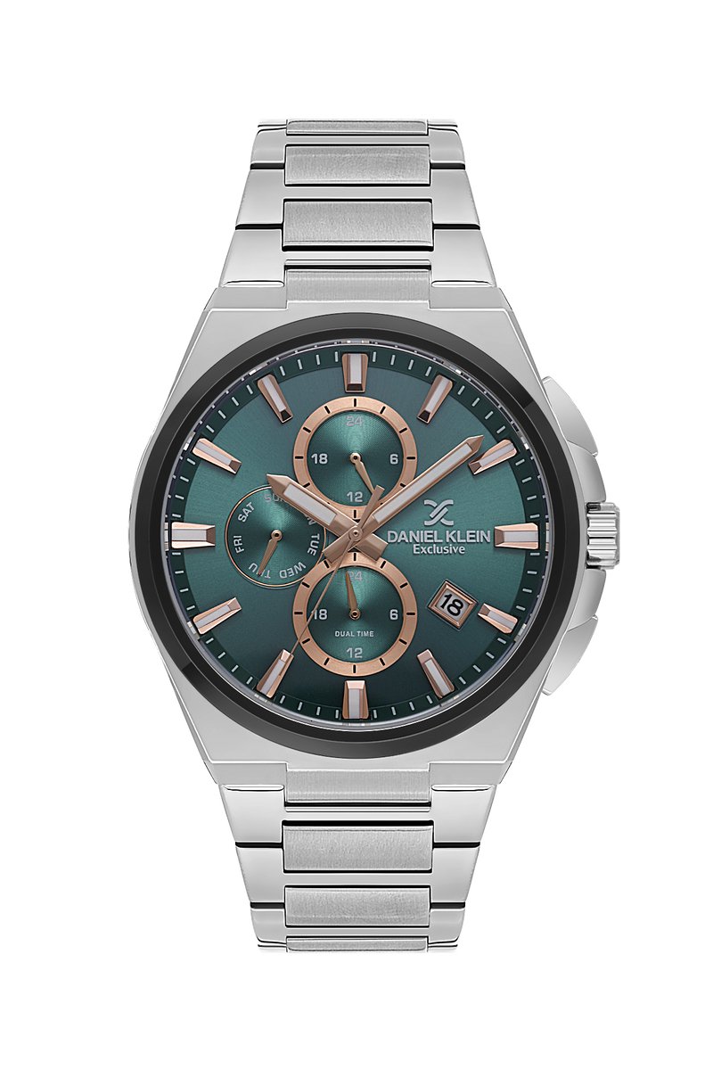 Daniel Klein-herenhorloge-chrono-dag en datum aanduiding-groen/rose kleurige wijzerplaat-5 atm waterdicht-diameter 43 mm