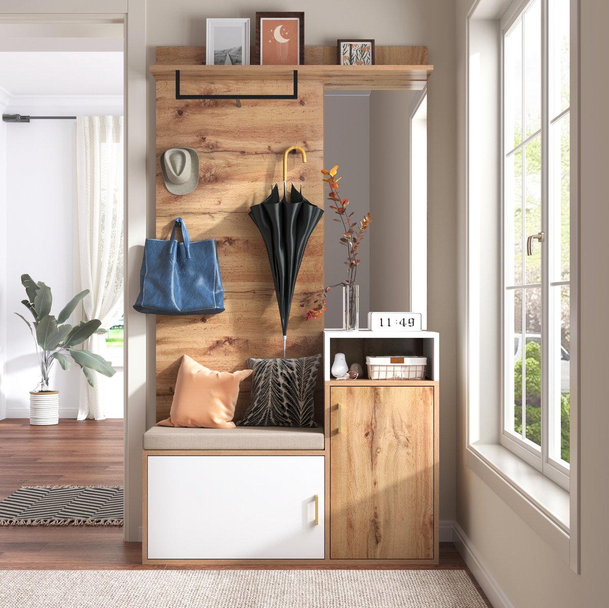 MEUNIQ Schoenenkast met spiegel en kapstok, 105 x 40 x 190,5 cm, 2 schoenenvakken voor 9-12 paar, zitkussen, kledingroede en 4 haken, hal, wit en houtkleur