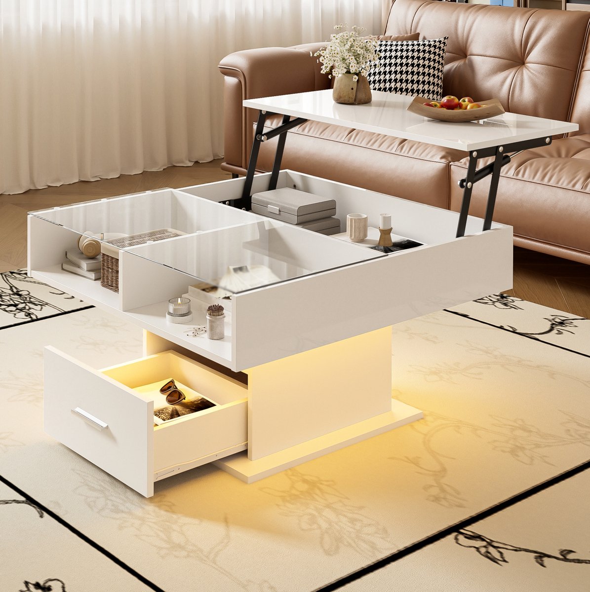 MEUNIQ Salontafel 78 x 78 cm met hoogteverstelling, opklapbaar blad, lade, open vak en LED-verlichting met Bluetooth-app voor woonkamer - Wit