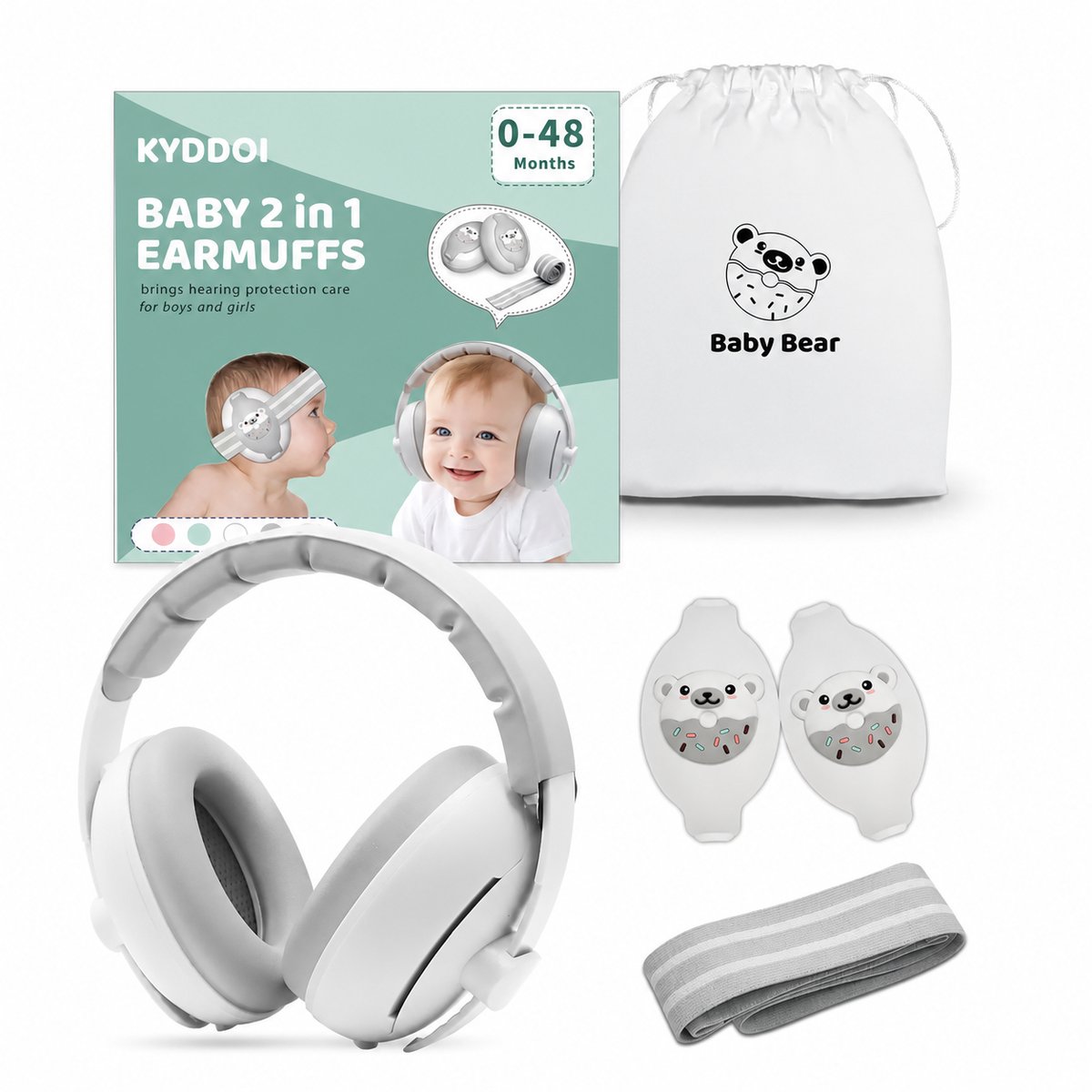 KYDDOI 2-in-1 Baby Gehoorbescherming - baby Gehoorbeschermers - Gehoorbeschermer kinderen - Geschikt voor Baby en Peuter vanaf 3 maanden - Oorbeschermers kinderen - Oorkappen baby - 25dB NNR - Grijs