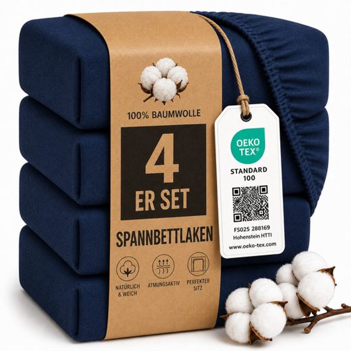 Komfortec Jersey Stretch 4-delige Hoeslaken Set 140x200 cm, 23 cm Matrasdikte, Rondom Elastiek, 100% Katoen, Blauw