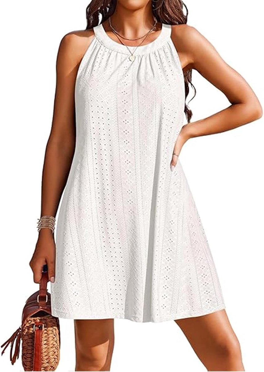 Strandjurk voor dames, zomer, bikini-cover-up, damesjurk met bretels, ronde hals, mouwloos, strandponcho, casual zomerjurken
