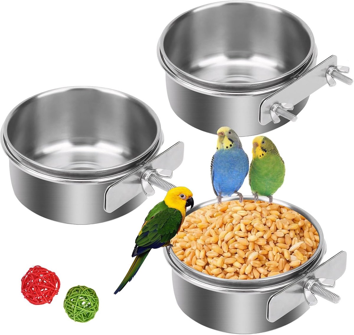 3 Stuks Vogelvoeding Schotel Cups RVS Papegaai Voeding Cups Dierenkooi Water Voedsel Kom Vogelkooi Cups Houder met Klem Houder voor Vogelpapegaai Kleine Dier