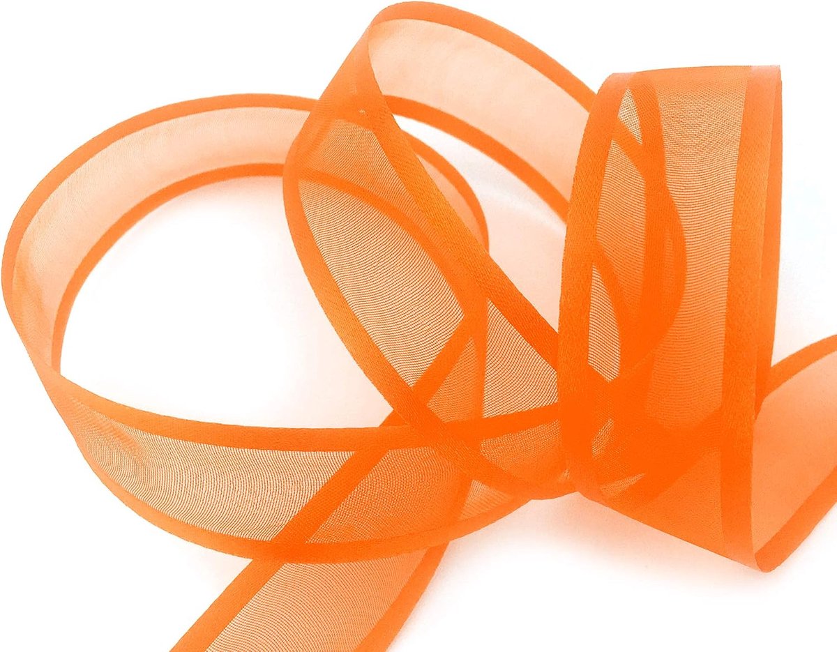 25 m x 25 mm Chiffon lint met oranje satijnen rand (34) Decoratief lint van chiffon semi-transparant glanzend zonder organza