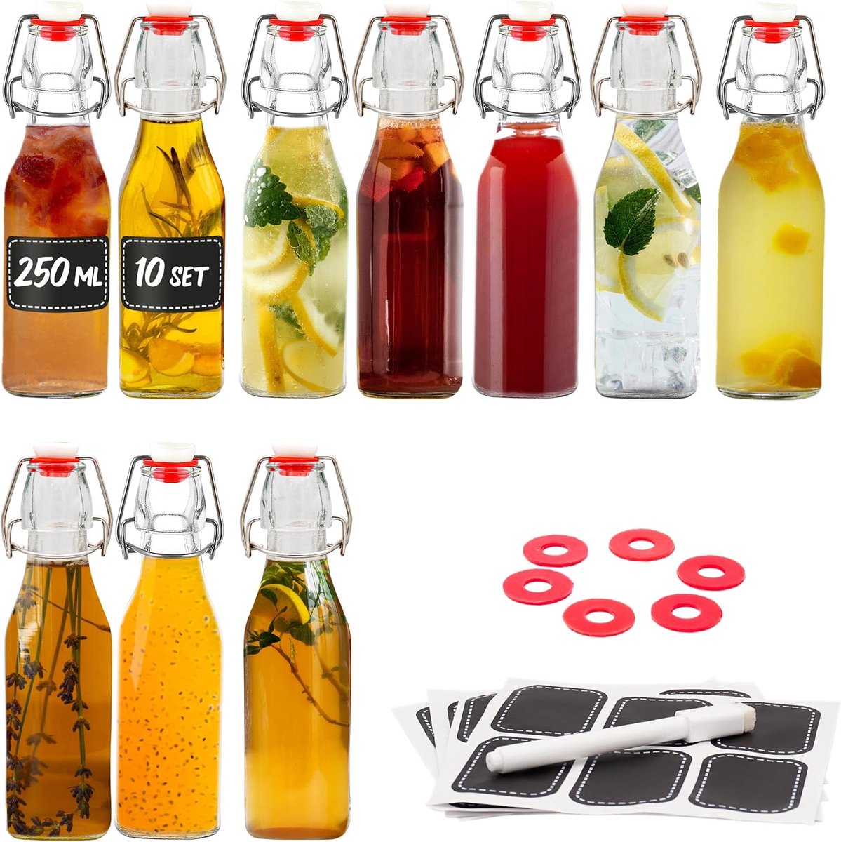 Flessen 250ml Swing Top Vierkant - Flessen met Swing Top om te Vullen - incl. 10 extra sluitingen & 10 etiketten met stift - glazen flessen voor olie, azijn, sap & limonade