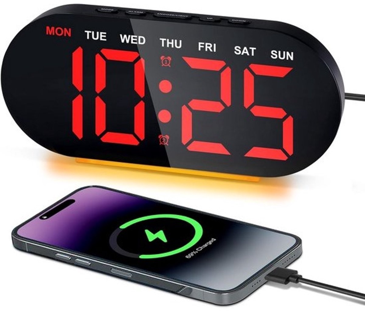 Digitale Wekker met Groot LED Display, Nachtlamp, USB Oplader, Datum, Temperatuur en Snooze