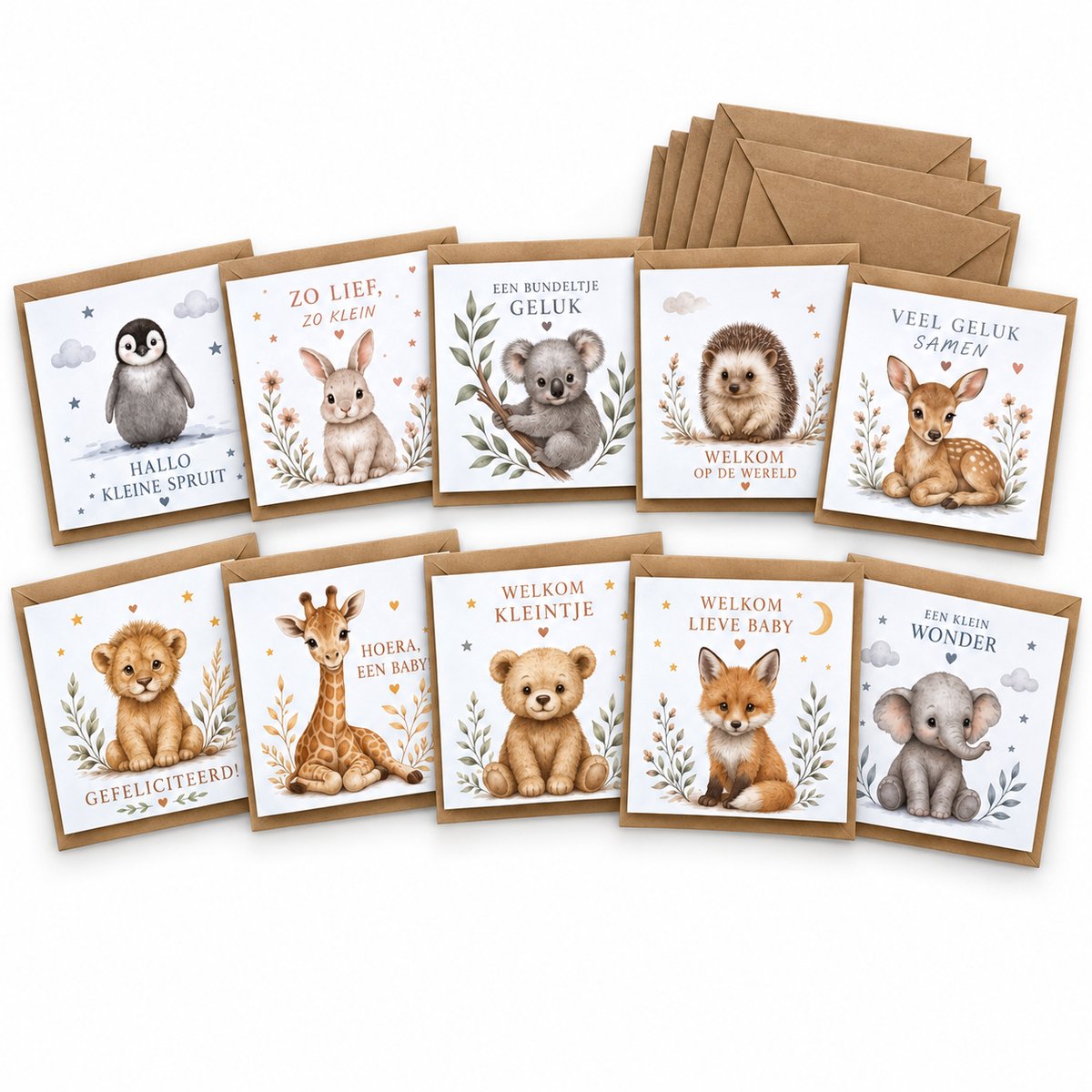 Cards & Crafts Geboortekaartjes met Envelop - 10 Luxe Vierkante Kaarten - Neutrale Dierendessins - 300 g/m² - 13,5 x 13,5 cm