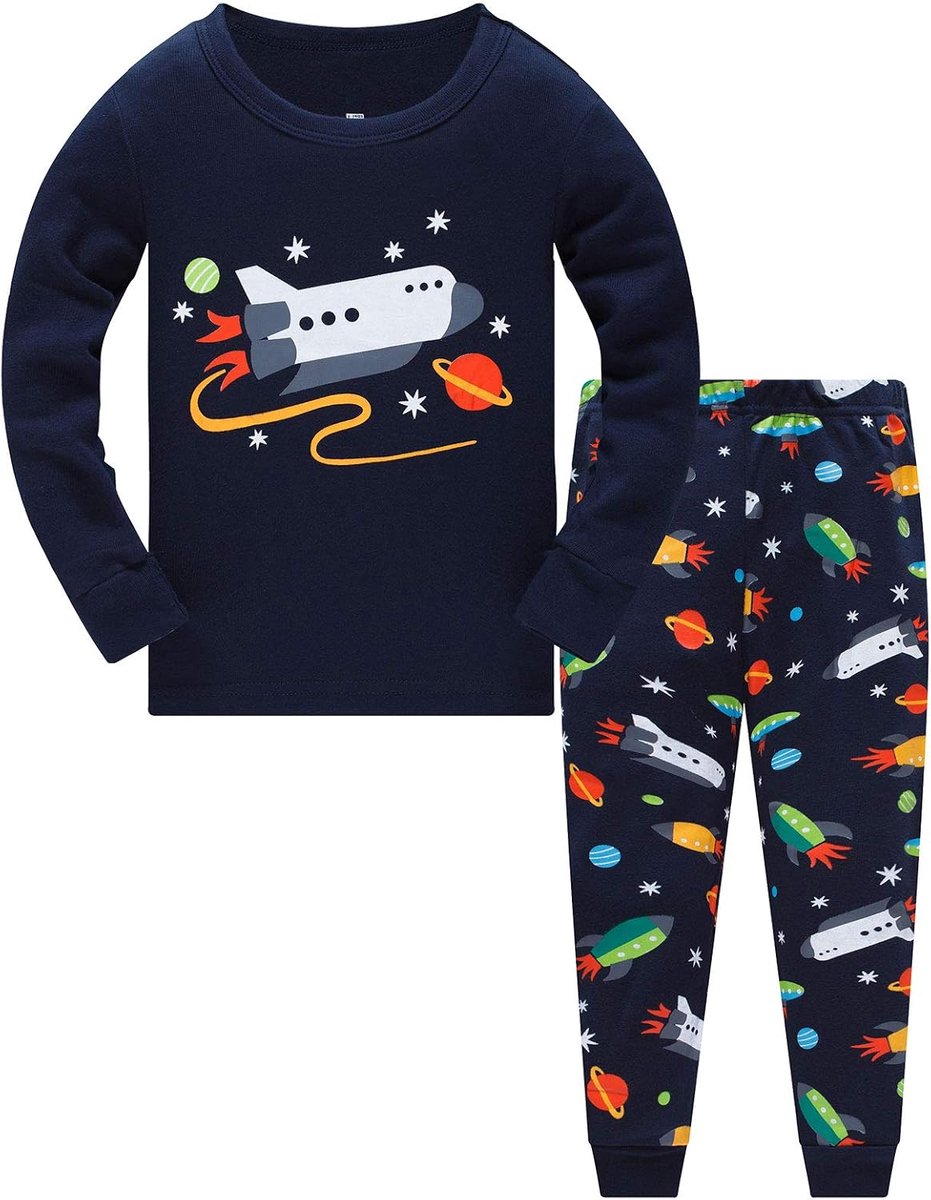 astronaut, haai, lange mouwen, tweedelige pyjama voor kinderen van katoen, pyjamaset voor de winter, Kerstmis, nachtkleding in de maten voor 1-12 jaar, 3-4 Jaar