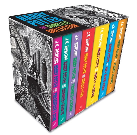 De Harry Potter Complete Collection gebonden editie in paperback, met de titels van de zeven boeken in verschillende kleuren.