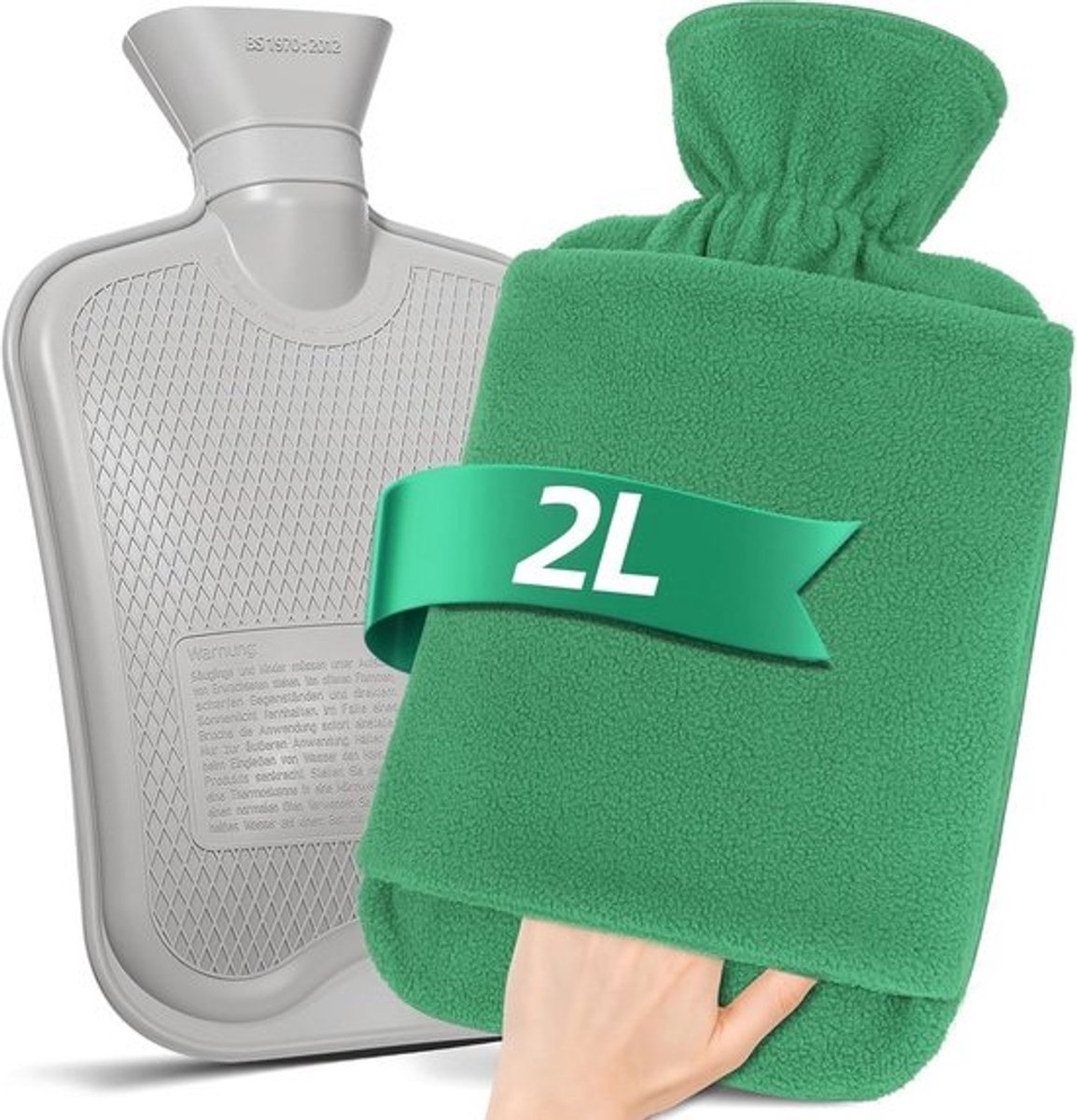 Grote Warme Waterkruik met Zachte Fleece Hoes en Kangoeroezak - 2 Liter