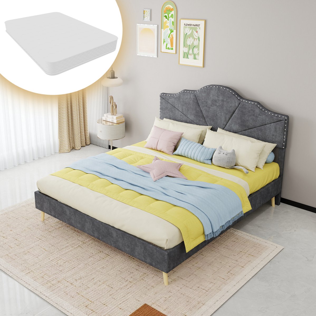 MEUNIQ Gestoffeerd tweepersoonsbed 160x200 cm met matras, geometrisch hoofdeinde, lattenbodem en draagvermogen 400 kg, grijs slaapkamer