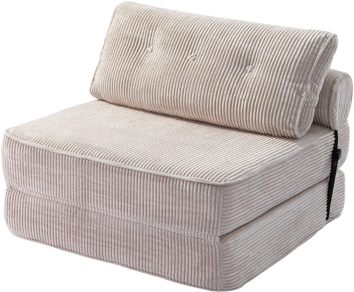 HomeMiYN Fauteuil de couchage, beige grijze 2-in-1 corduroy relaxstoel met 30D schuimvulling, opvouwbare lounge fauteuil en comfortabele slaapstoel voor woonkamer slaapkamer kantoor