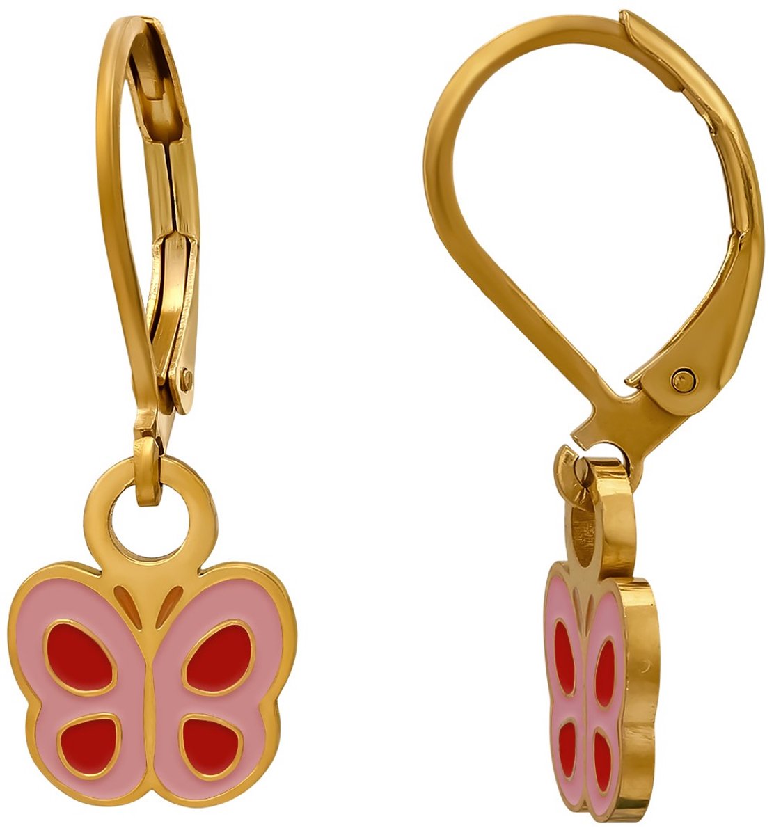 Joy|S - Vlinder bedel oorbellen - Brisure sluiting - Chirurgisch staal - roze rood - ip/pvd gold plated - vlinders met leverback - kinderoorbellen
