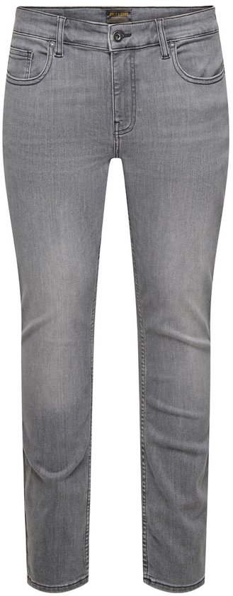 Grijze skinny jeans met een label 'ONLY & SONS' aan de binnenkant van de taille.