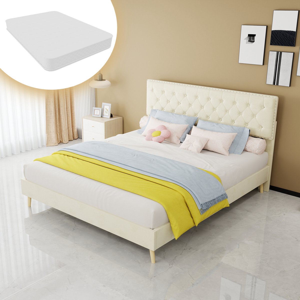 MEUNIQ Gestoffeerd tweepersoonsbed 160 x 200 cm met matras, lattenbodem, hoog hoofdbord en ruimte onder het bed voor de slaapkamer, beige