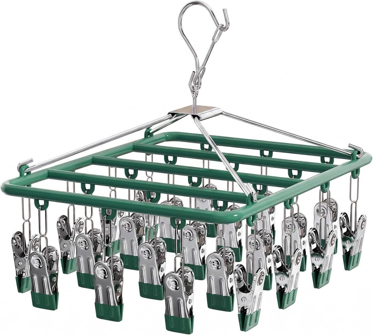 Hangende sokkenhouder, wasrek, sokkenhanger met 23 clips, winddicht, sokkenhanger, wascarrousel voor wasartikelen, handdoeken en ondergoed (groen)
