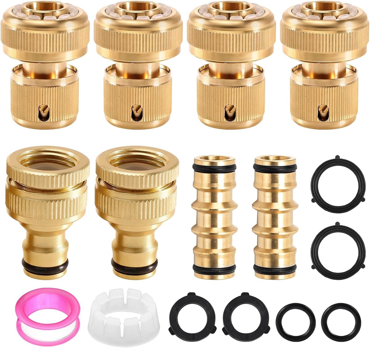 8 stuks messing snelkoppelingen, 1/2 inch en 3/4 inch slangkoppeling messing, volledig gemaakt van koper, duurzaam, geschikt voor buiten, autowas en andere veelzijdige scenario's