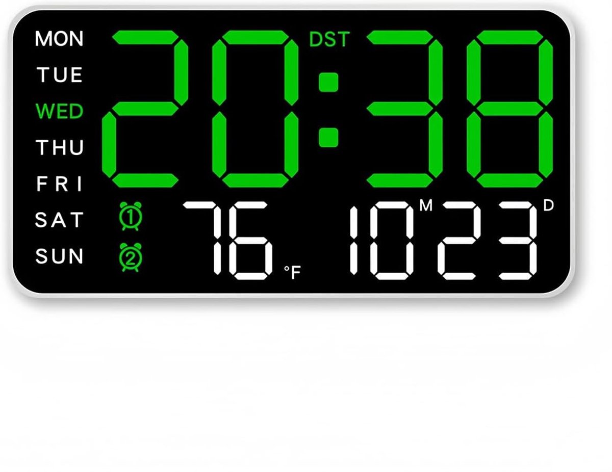 Randloze minimalistische digitale elektronische klok, multifunctionele hangklok met temperatuur, datum, week, 12/24-uurs weergave en 2 wekkers, wit, groen licht