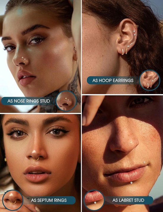 14 stuks neuspiercing, chirurgisch staal, neppiercings, hypoallergeen, 20 g, 18 g, helix, tragus, conch, septum, piercings, goud, zilver, neuspiercing, ringen — afbeelding 4