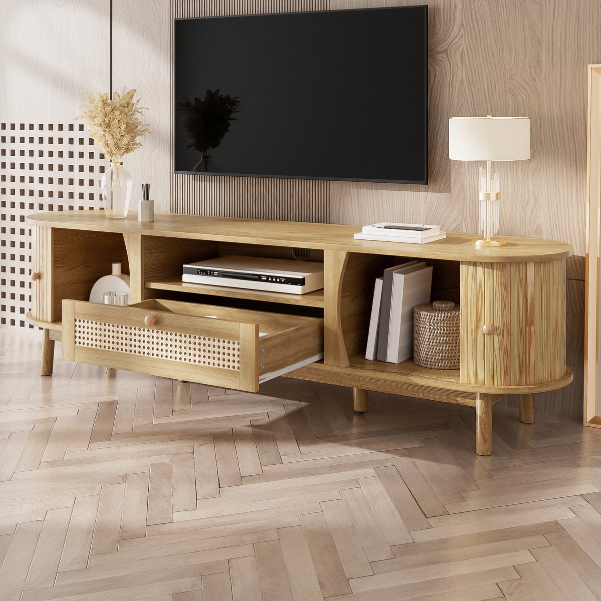 MUVANO Tv meubel rotan - Tv kast met schuifdeuren - Landelijke tv dressoir - Tv meubel met lades - 165x37x46 cm - Opbergen - Woonkamer Naturel