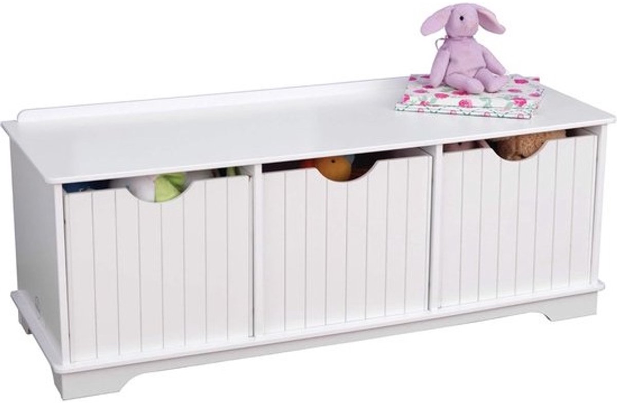 Pastelkleurige houten zitbank met opbergruimte voor kinderen