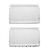 Witte rechthoekige platte schalen 2 stuks – Serveer schalen met sierlijke golfrand en opengewerkt hartjes patroon – Dessert schalen voor taart, gebak, fruit, snacks en hapjes
