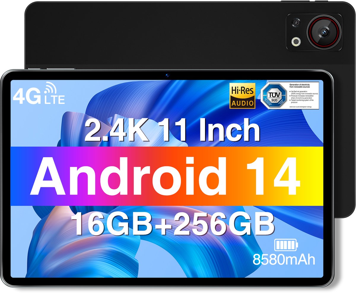 Doogee T30s -Tablet 11 inch 2,4k - 7,6 mm Ultradunne -Android 14 -16GB Ram + 256GB Rom/TF 1TB -5G WiFi - 8580MAH-Zwart