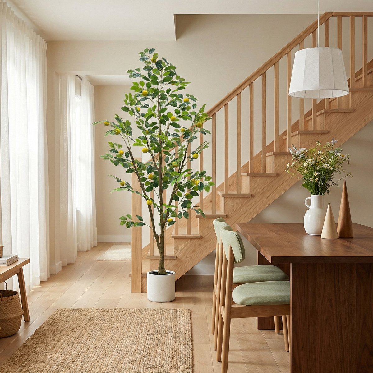 Realistische kunstcitroenboom 180cm - met witte plantenbak - PE & zijde bladeren, natuurlijke stam, voor binnen en veranda