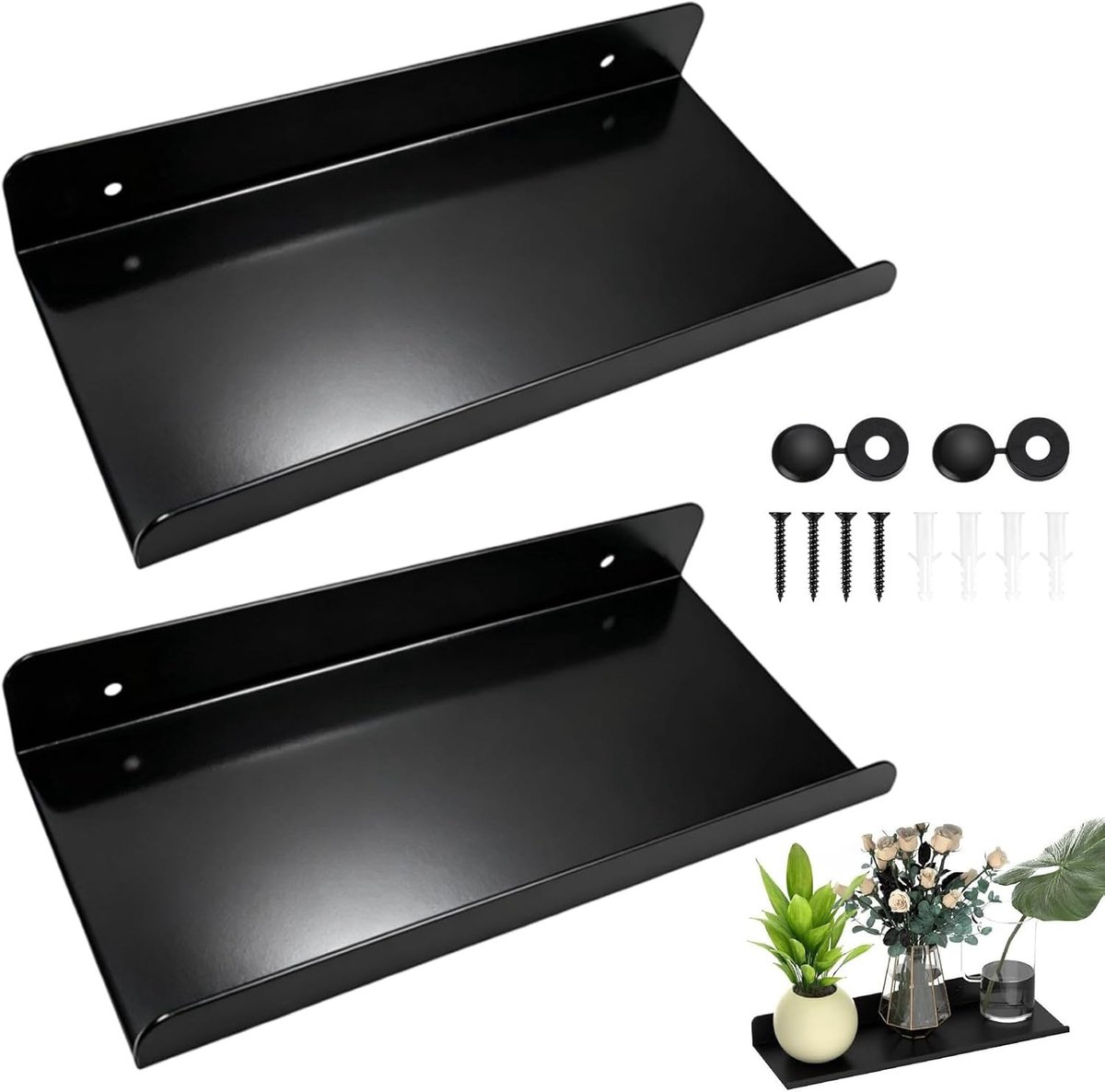 Zwarte Wandplank van 30 cm, Zwevende Plank met Schroeven, Ideaal voor Foto's, Boeken en Decoratie in Keuken, Woonkamer of Kantoor, Set van 2