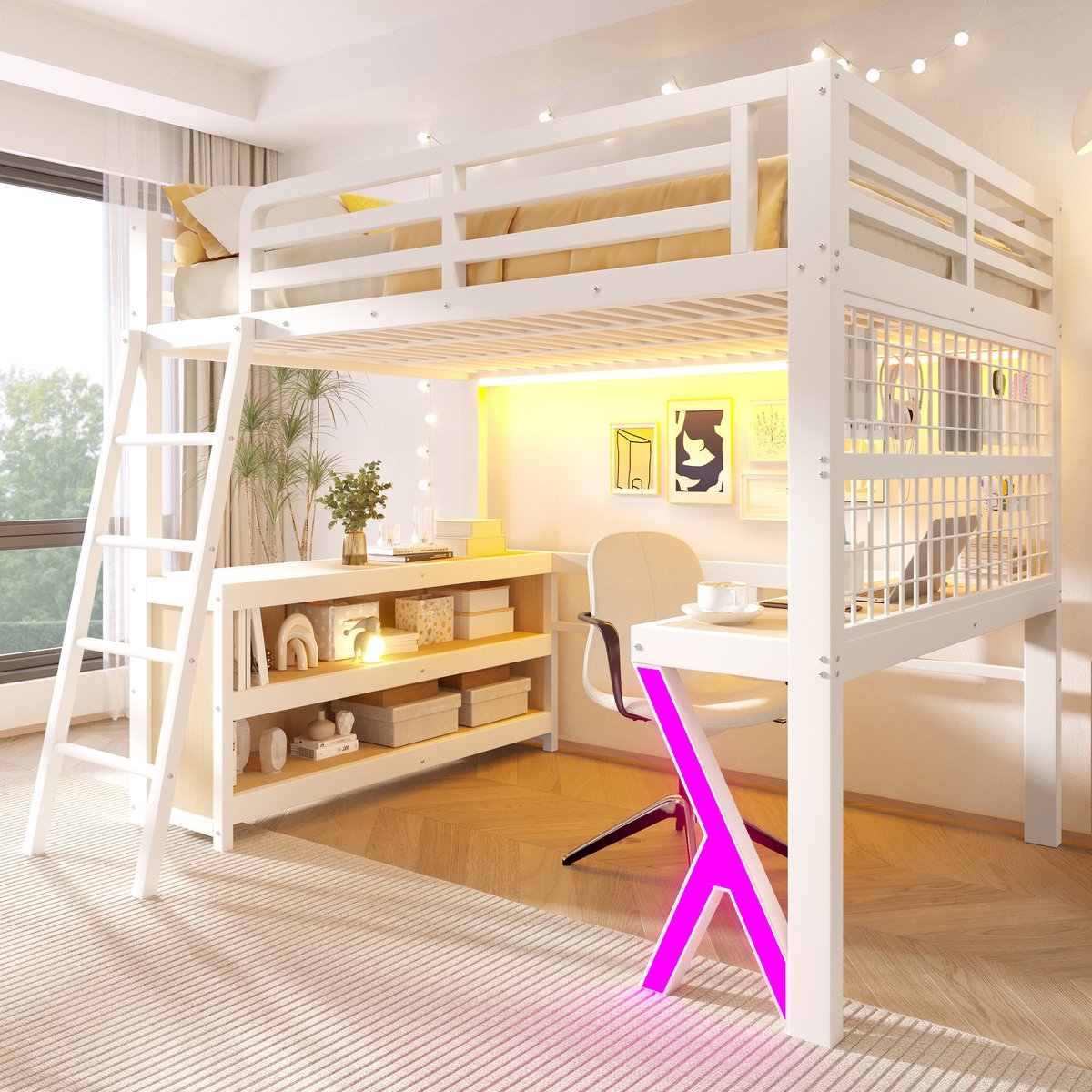 Zubaliya Kinderbed, Hoogslaper, 140 x 200 cm, tafel, LED-lichtstrip, opbergkast, zonder matras,Wit