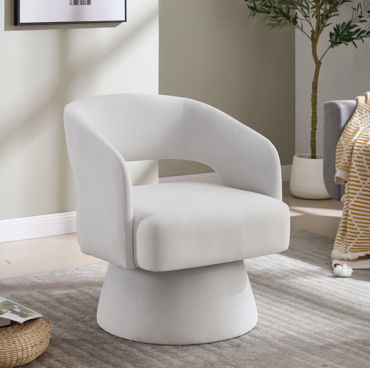 MEUNIQ draaibare fauteuil 68 x 66 x 75 cm – 360° draaistoel met ronde voet, gebogen armleuningen en open rugleuning voor woonkamer, slaapkamer of kantoor, beige