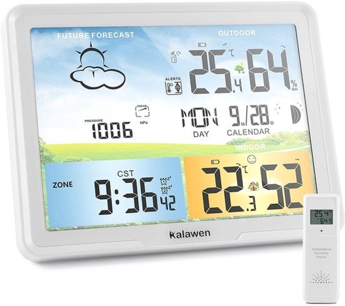 SnelShoppen - Draadloos Weerstation met Buitensensor, Digitaal Kleurendisplay, DCF-Radioklok, Thermometer, Hygrometer, Weersvoorspelling, Barometer vo